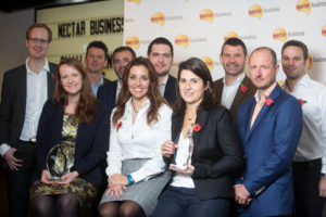 EDITORIAL USE ONLY
(Left to right) The award winners Luke Barlow, Netduma Ltd, Rebecca Bright, Therapy Box, Steve Baker, Ventia Ltd, Darren Kempson, Jigsaw school Apps, Lewis Howard, C & J Heating and Plumbing Ltd and Beatrice de Montille, Merci Maman, celebrate receiving their awards with Sarah Willingham from Dragons' Den (centre left), Allan Dickson, Director of Commercial at Dulux Decorating Centre (third right), Adam Collett, Marketing Director at Brakes (second right) and Will Shuckburgh, Nectar Managing Director (far right) at the Nectar Business Small Business Awards 2015 round table event in London. PRESS ASSOCIATION Photo. Picture date: Tuesday November 10, 2015. The winners were presented with £2,000 and 50,000 Nectar points, during the round table event where they were invited to discuss big issues for small business with industry leaders. Photo credit: David Parry/PA Wire